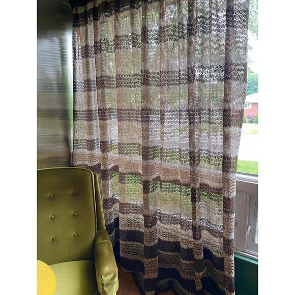 Vintage 70s pleated curtain, dark brown & almond, net woven, long panel - Picture 2 of 9